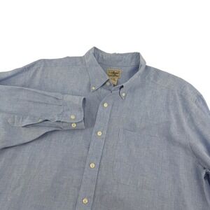 LL Bean Mens Large Blue 100% Linen Button Down Long Sleeve Shirt FWG5 L-REG